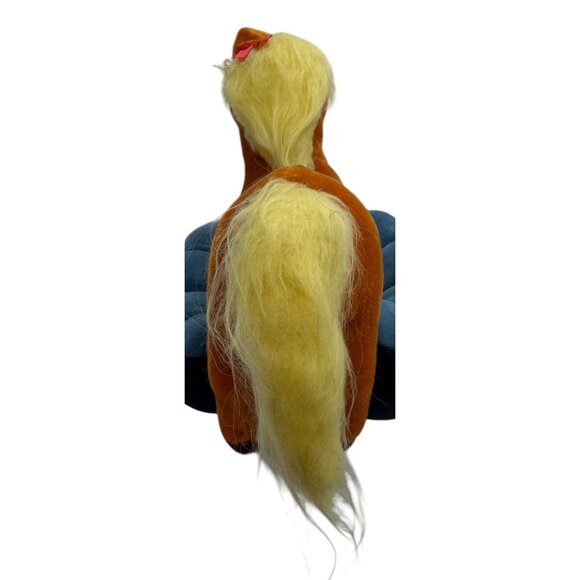 VNTG BURNT ORANGE VELVETINE STUFFED HORSE YELLOW MAIN W/ RED BOW R DANKIN - Picture 6 of 14